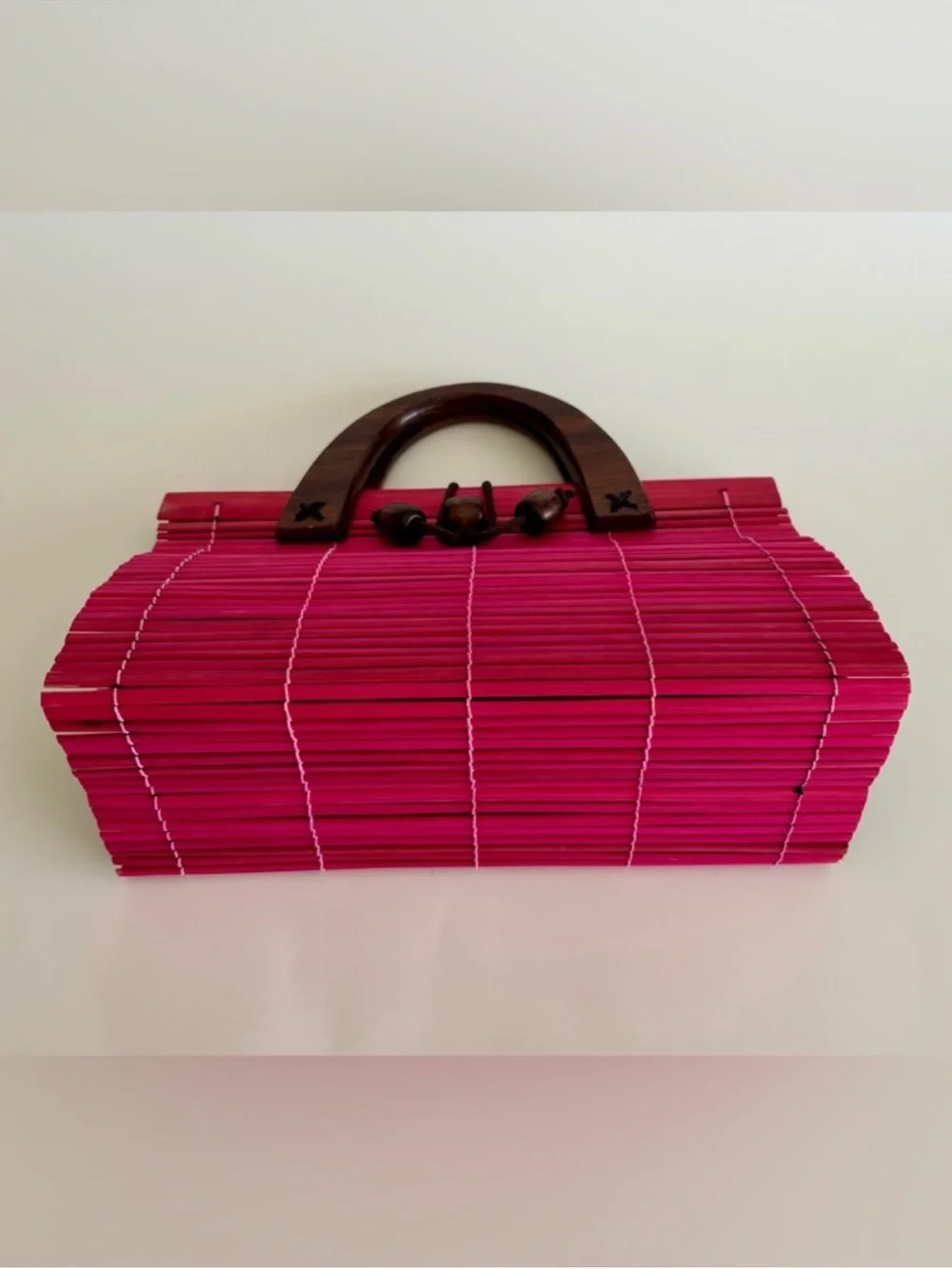 Pink Bamboo Slat Handbag Wooden Handles Boho Resort Bag